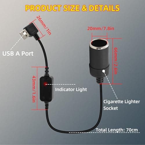 GELRHONR Câble adaptateur usb vers allume-cigare, prise usb a 5v 90 degrés vers prise allume-cigare de voiture 12v convertisseur femelle pour GPS, Dash cam, Electronic Dog (70cm/2.3Ft)