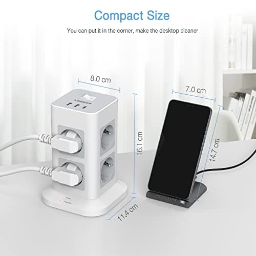 TESSAN Multiprise Parafoudre avec 8 Prises, 2 USB et 1 USB C, Tour Multiprise avec Interrupteur, Multiprise USB Secteur avec Rallonge Electrique 2M, Prise Multiple pour Bureau et Maison, 3600W, Gris