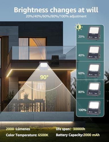 Aigostar Projecteur Solaire LED d’extérieur avec grand panneau solaire, 200W,2000LM, batterie de grande capacité,IP65, 6500K, lampe solaire extérieure pour jardins, portes, garages,câble de 2M