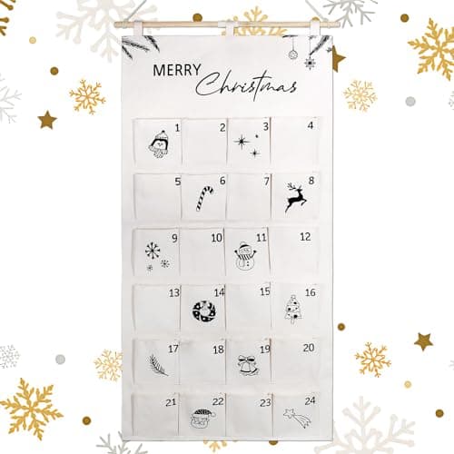 Calendrier de l'avent Noël Blanc Calendrier Mural Merry Christmas Imprimé Noir avec Poches de 24 Jours Calendrier à Suspendre Décoration Pour Compte à Rebours de Noël
