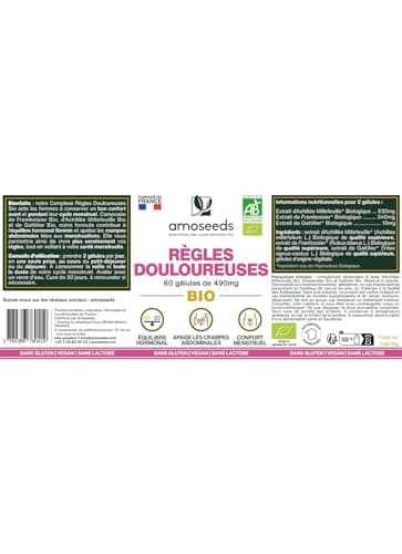 Règles Douloureuses BIO | Apaise les Douleurs Menstruelles | Avant et Pendant les règles | Framboisier, Gattilier, Achillée Millefeuille | 60 gélules de 490mg | Fabriqué en France | Qualité Supérieure