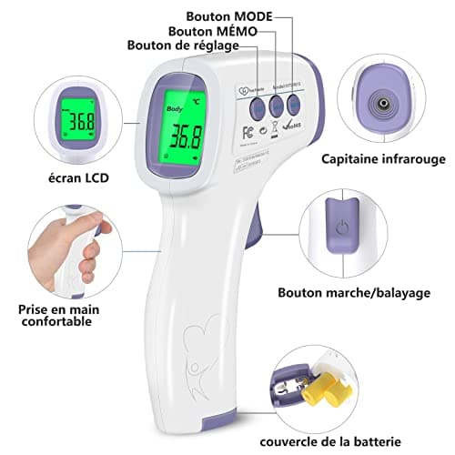 Thermomètre Frontal Adulte, Thermometre Infrarouge pour Enfant, Thermometre Numérique sans contact, Écran LCD, Fonction Mémoire, Mode Objet et Corps, Alerte Fièvre, Mesures Rapides et Précises