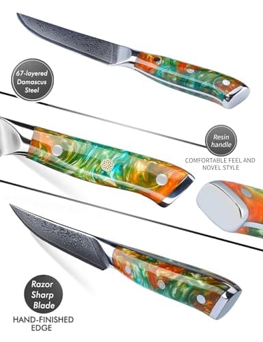 SANMUZUO Ensemble de couteaux à steak de 4 pièces, couteau à steak de cuisine ultra-tranchant non dentelé de 5 pouces - Acier de Damas et manche en résine - Série Xuan(Orange Fantastique)