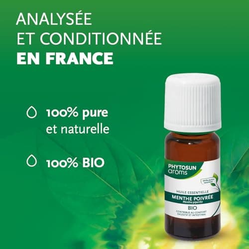PHYTOSUN AROMS - Huile Essentielle Menthe Poivrée Bio - HEBBD - 100% Pure & Naturelle - 100% Bio - Contribue au Confort Digestif et Intestinal - Analysée & Conditionnée en France - 10 ml