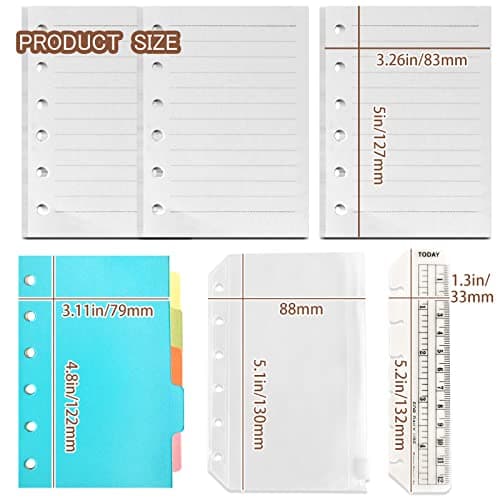 DY.2ten Lot de 3 carnets A7 rechargeables, feuilles lignées A7, pochettes transparentes à fermeture éclair, intercalaires A7, marqueur de règle A7, recharge de papier pour classeurs A5 à 6 anneaux