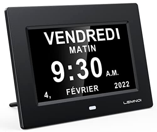 LEMNOI 7" Pouce LCD Horloge Numérique Calendrier Noire avec Date Jour Et Heure Horloge Non-Abrégée Auto Dimming 8 Langues HD Display Rappel pour Alzheimer Les Personnes âgées et Les Enfants