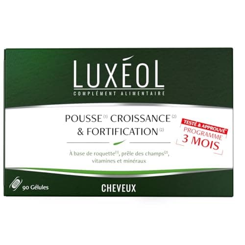 LUXÉOL - Pousse Croissance & Fortification - Complément Alimentaire - Roquette, Prêle Des Champs, Zinc, Cuivre, Sélénium, Vitamine B8 & B6 - Fabriqué En France - Programme Cheveux 3 Mois - 90 Gélules