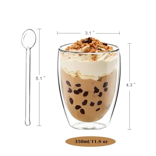 Joeyan Lot de 4 Tasse à Café Épais à Double Paroi, 350ml Verres à Expresso avec Cuillères en verre, Transparent Borosilicaté Isolation,Verres Thermiques à Effet Flottant,pour Latte,Bière,Lait,Thé