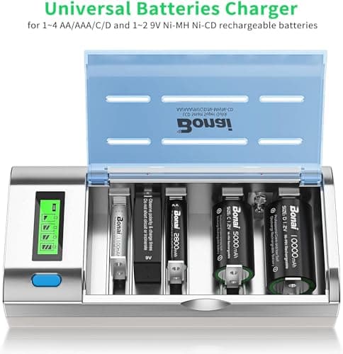 BONAI LCD Chargeur de Piles Rechargeable Universel, Chargeur de Batterie Rapide pour AA/LR6, AAA/LR3, C/R14, D/R20, 9V Piles Rechargeables Ni-MH Ni-CD, avec Fonction de Décharge