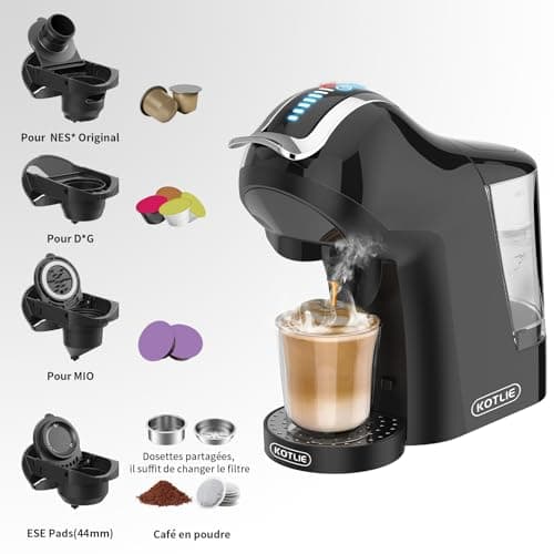 KOTLIE EM-308A Cafetière 5 en 1 avec extraction à chaud et à froid pour Lavazza a modo mio/pour Nespresso Original/pour Dolce Gusto/café moulu/ESE (44 mm), 4 températures sélectionnables(Noir)
