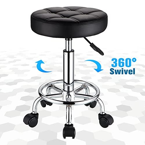 HMTOT Tabouret Rond pivotant à roulettes en Cuir synthétique avec Assise réglable en Hauteur Noir