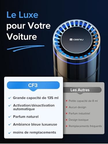 Desodorisant Voiture Ceeniu CF3, 135ml Parfum Naturel, Dure 4-8 Mois, Lumière Ambiante Silencieuse, Concentration Réglable, Auto On/Off, Batterie Intégrée, Car Air Freshener,Vanille velours