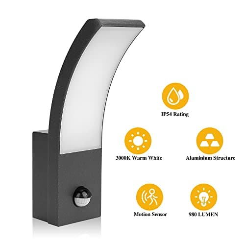 HLFVLITE Applique Extérieure Avec Capteur de Mouvement, 1000lm PIR Lampe LED d'extérieur, IP54 Imperméable, Aluminium Lampe Murale Extérieure pour Terrasse Patio Garage Porch, 3000k Blanc Chaud, Noir