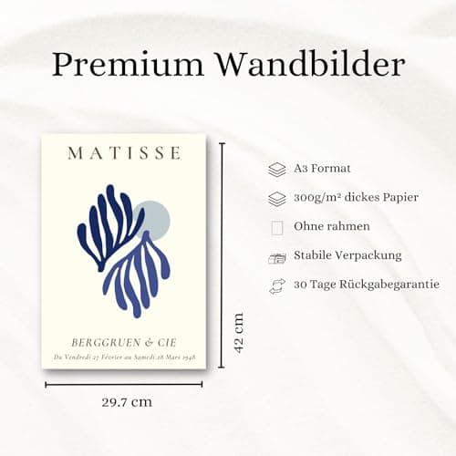 ZoeyAustin® Lot de 3 posters d'art double face - Format A3 (30 cm x 42 cm) - Poster mural élégant - 3 tableaux muraux - Images recto-verso (Matisse Blue, sans cadre - DIN A3)