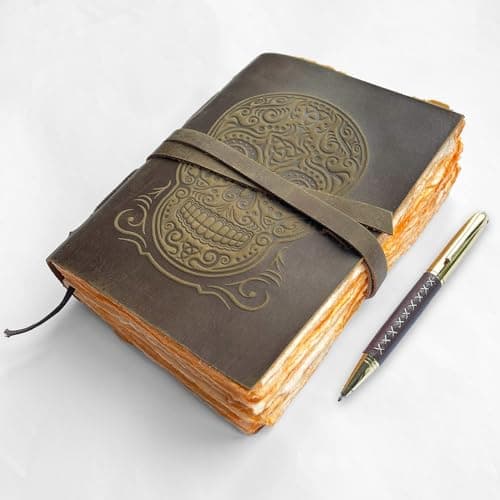 Journal en Cuir Vintage avec motif de Crâne Avec Papier À Bord Brûlé Cahier des Notes Antique Rustique, Parfait pour L'Écriture, Le Livre Des Ombres, Un Grimoire, Des Croquis, Des Dessins
