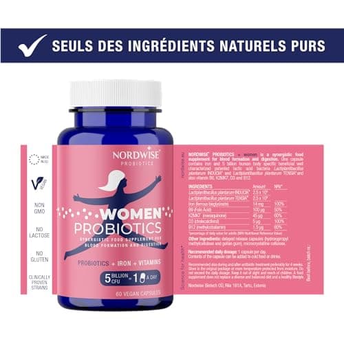 Probiotiques pour femmes de Nordwise - Améliorez votre santé intestinale I Formule végétalienne pure I Efficace 5 milliards d'UFC I 60 capsules I Approvisionnement de 2 mois