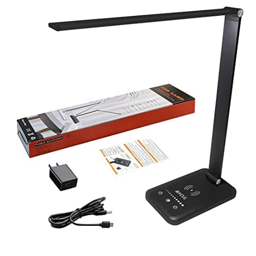 Lampe de Bureau LED avec Chargeur sans Fil, Lampes de Bureau Dimmable 10 Niveaux de Luminosité 5 Modes de Couleur, Lampe de chevet Avec Port USB et Fonction Minuterie, Flexible Contrôle Tactile
