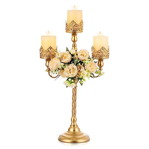 Nuptio Chandeliers Or 56cm 3 Bras Chandeliers Piliers Métal 3-Bougies Chandeliers Centrepiece Vintage Chandeliers pour Noël Pâques Anniversaire Fiançailles Mariage Décorations