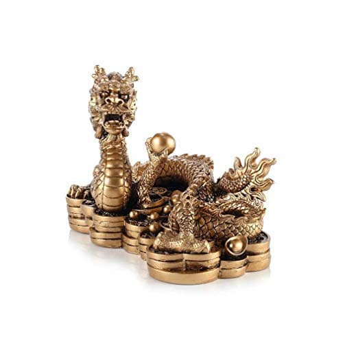 lachineuse - Figurine Grand Dragon Feng Shui - Statuette Dragon sur Sapèques - 14 x 21 x 11,5 cm - Symbole de Puissance, Force & Longévité - Décoration Asiatique Chinoise - Coloris Doré