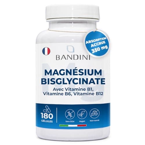 Bandini® Magnésium Bisglycinate + vitamines B1, B6, B12-180 gélules Vegan - Haute Teneur 350mg par jour – Glycinate de Magnésium en capsules - Combat la Fatigue et le Stress - Favorise le Sommeil