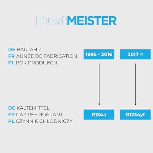 FrostMEISTER Kit de recharge 3 en 1 pour climatiseur de voiture R134a (1995-2016) - 2 canettes de 400 ml et tuyau avec manomètre - Remplacement du réfrigérant, de l'huile et du mastic - Utilisation