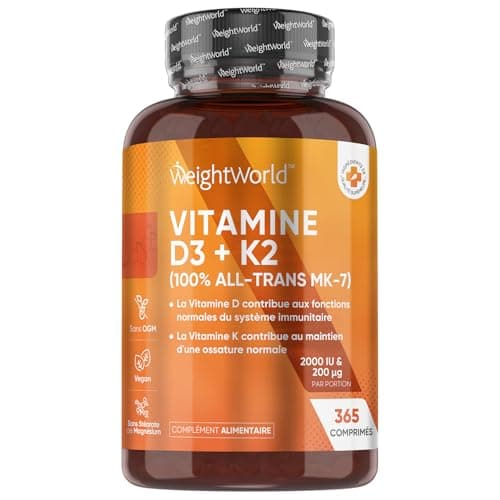 Vitamines D3 K2 (MK7) 100 % Pure 365 Comprimés - Combinaison Vitamine D3 2000 UI + Vitamine K2 200 μg - Pour les Os, Muscles, le Système Immunitaire, la Coagulation Sanguine Vitamine du Soleil EFSA