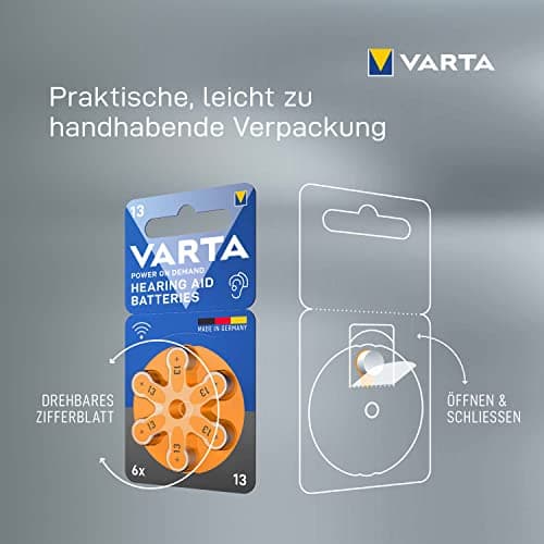 VARTA Piles auditives type 13, orange, lot de 60, Power on Demand batteries pour Amplificateur Appareil Auditif, pour Aide Auditive, Made in Germany [Exclusif sur Amazon]