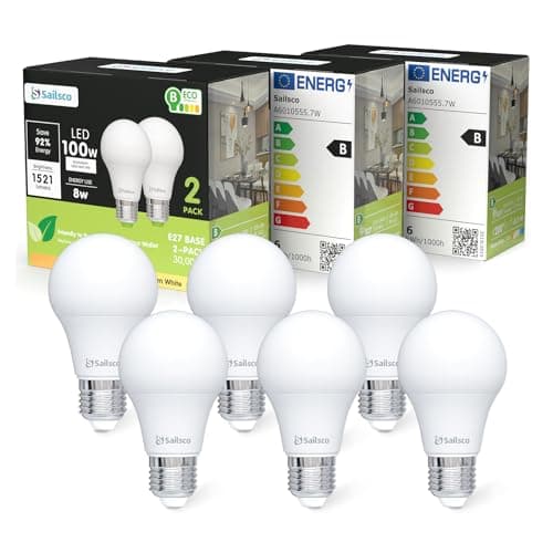 Sailsco Classe B Ampoule LED E27 Blanc Chaud,8W Equivalent Ampoule Incandescence 100W, 2700K Lumière Blanche Chaude 1521LM, Ampoule à économie d'énergie A60, Non-Dimmable, Lot de 6