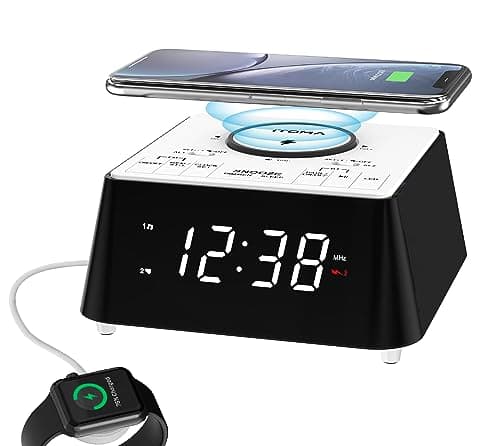 iTOMA Radio réveil Rechargeable sans Fil avec Haut - Parleur Bluetooth, Radio FM de Chevet, Double Alarme avec Snooze, Recharge USB, veilleuse et écran dimmable 205