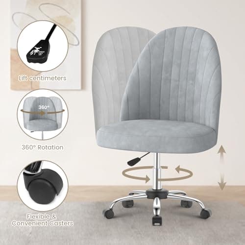 naspaluro Chaise de Bureau, Chaise de Coiffeuse en Velours, Chaise de Chambre sans Bras avec roulettes, Chaise de Bureau à Domicile, Chaise Souple Réglable en Hauteur pour La Chambre à Coucher,Gris