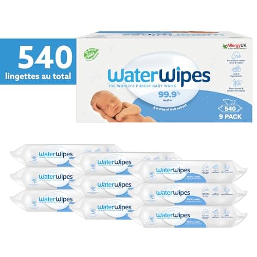 WaterWipes Lingettes Bébés Originales Exemptes De Plastique, 540 Unités (9 Paquets), Lingettes à Base d'Eau à 99,9 %, Non Parfumées pour les Peaux Sensibles