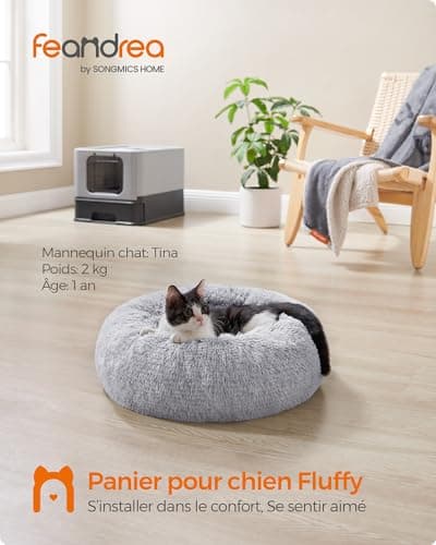 Feandrea Panier pour Chien, Lit Ronde en Forme de Beignet, Canapé, Coussin Central Amovible et Lavable, Tissu Peluche Doux, Ø40 cm, Gris Ombré PGW036G01