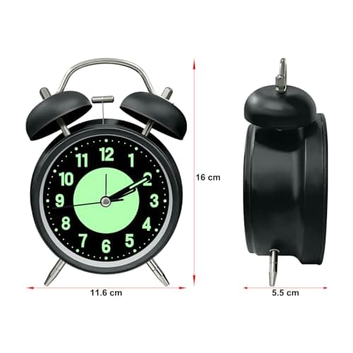 ALEENFOON Réveil Double Cloche avec Veilleuse, Réveil à Aiguilles Vintage Retro Silencieuse sans Tic-Tac, Réveil Lumineux Quartz pour Les Gros Dormeurs, Fonctionne à Piles (Noir)