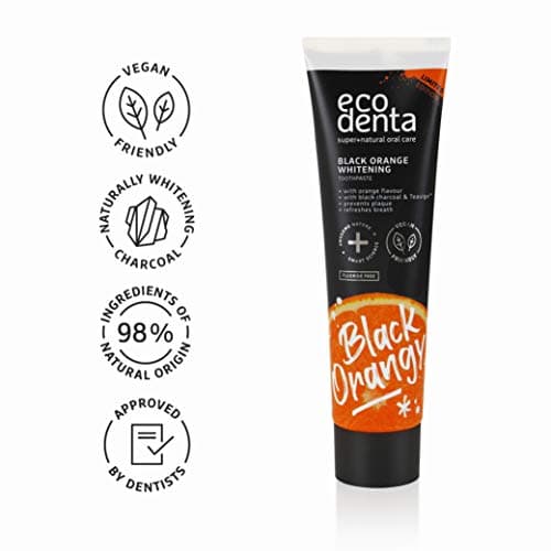 Ecodenta Dentifrice au Charbon Actif Dents Blanches Sans Fluor I Dentifrice au Charbon Noir Blanchiment des Dents I Dentifrice Blanchiment des Dents au Charbon Actif Noir Saveur Orange 100ml