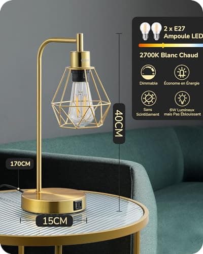 EDISHINE Lampe de Table LED E27 Ampoule Dimmable à 3 Niveaux, USB A & USB C Port de Charge, Contrôle Tactile, Lampe de Chevet Industrielle avec Abat-jour en Forme de Diamant, Doré, 2pcs