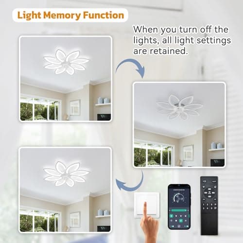 Lustre Ventilateur de Plafond, Ventilateur Plafond avec Lumiere Silencieux, Plafonnier Ventilateur Fleur Design Moderne, Dimmable, Fonction Mémoire, 6 Vitesses, Moteur DC, Réversible Eté Hiver, Bianco