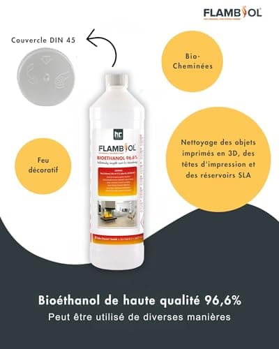 FLAMBIOL Bioéthanol 96,6% Premium 6 x 1 L - pour Cheminée de Table, Cheminée & déco de Jardin - sans Fumée ni suie - A Base de maïs & de Betteraves