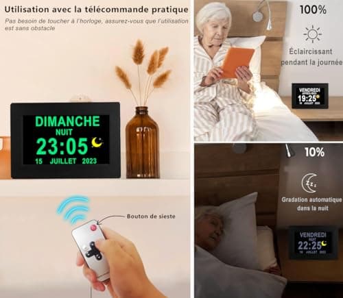 Véfaîî 【2024 New】 19 Alarmes Horloge numérique Horloge de Jour Grand écran réveil Horloge Murale, Non-Abrégée Auto Dimming 5 Langues, HD Display