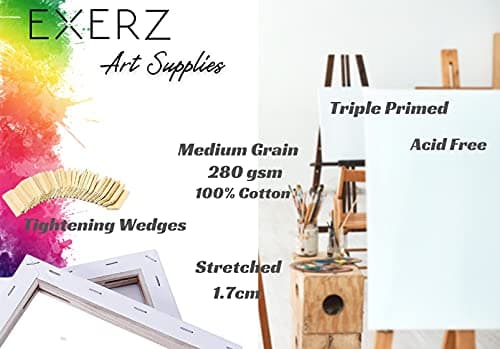 EXERZ 70x80cm Toiles pré-étirées 4 pièces - 1,7cm D'épaisseur Toiles à Peindre Encadrées/ 280GSM/ 100% Coton/Triplement Apprêtée/Sans Acide/Grain Moyen/ - Peinture à Huile/Gouache/Acrylique