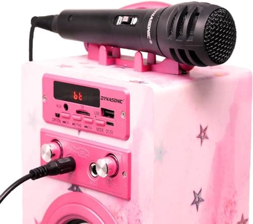 Machine à Karaoké Portable DYNASONIC avec 2 Micros, Enceinte Haut-Parleur Bluetooth, Designs Exclusifs, Lecteur USB/SD, Lumières, Cadeau pour Enfants (Modele 15 lumière)