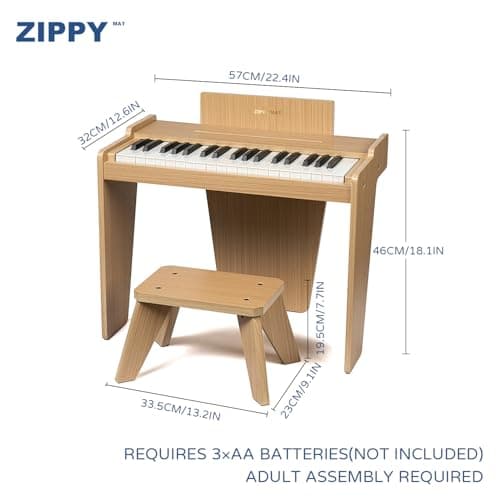 ZIPPY MAT Piano numérique pour enfants, 37 touches, instrument éducatif de musique, jouet en bois, pour filles et garçons (Chêne Basic)