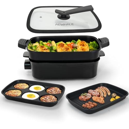 AEWHALE Grille Électrique Multifonction 3 en 1, 1500W Gril Plat Électrique et Poêle Profonde, Anti-adhésif Revêtement Multifonction pour Griller, Saisir, Cuire à la Vapeur, Mijoter, Bouillir