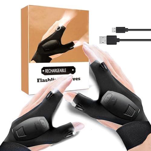 LANANUVO Gants Pêche LED USB Rechargeable Lumières Étanches, Cadeau Homme, Idee Cadeau Homme Noel, Gants de Travail sans Doigts Lumière Puissante, Cadeau Papa d'anniversaire, Gadget Insolite Utile