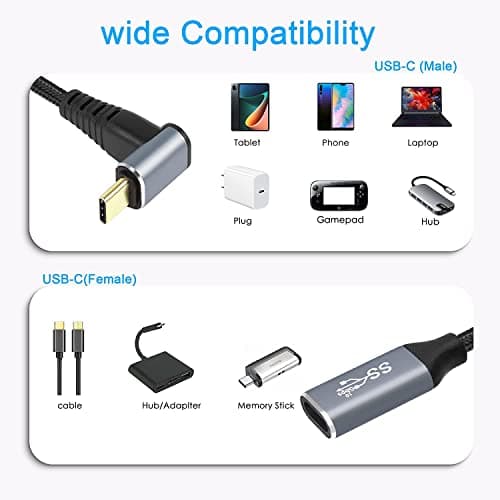 GELRHONR Cable USB C vers USB C 90 Degrés, Type c Male vers Type c Femelle Charge Rapide 100W Transfert de Données 10Gbps Supporte Vidéo 4K@60Hz pour Laptop,Tablet,Steam/Deck,S21/S20 (0.25M/0.8Ft)