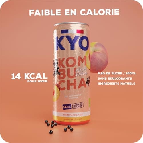KYO Lot de 8 Canettes 33cl Kombucha Pêche Baies de Sureau bio - Pétillant - faible en sucre - sans alcool et artisanal