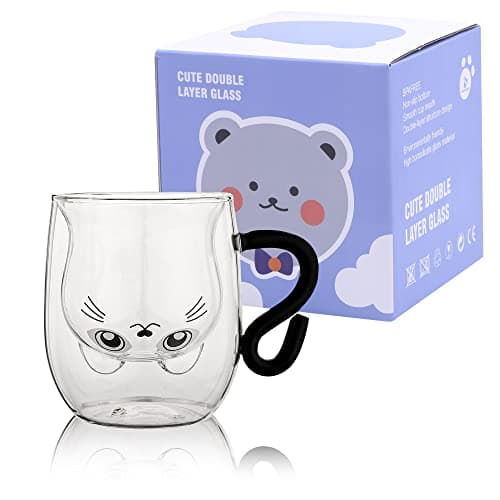 SHENDONG Tasses à café en verre avec poignée en forme de chat mignon - Double paroi isolée - Cadeau pour un anniversaire, la Saint-Valentin et le bureau (chat blanc)