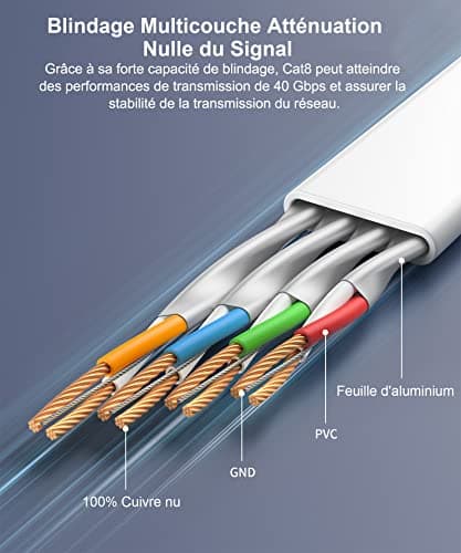 Câble Ethernet 0.5 m/1m/3 m/5m/10m/15m/20m- Cat 8 Câble de Réseau Grande 40 Gbps 2000 MHz,Câble Internet Plat avec Connecteur RJ45 Pour Routeur,Modem,Switch,PS3,PS4,,Plus Rapide que les Cat6/Cat7