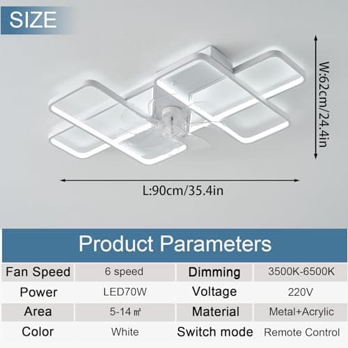 LED Plafonnier Ventilateur De Plafond APP Dimmable Réversible Grande Plafonnier Avec Ventilateur Et Télécommande Silencieux 6 Vitesses Lampe Ventilateur Intelligent Moderne 35inch Pour Chambre-White