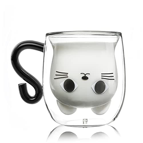 Qinhai Tasse Chat, Tasse a Cafe Double Paroi, Cadeau de Noël Original pour Femme Fille Epouse Maman Nounou Marraine Amie Enfant Garçon Fille, Valentin Fête des Mères Anniversaire Halloween
