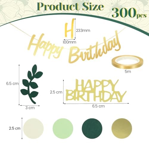 Lot de 301 confettis pour anniversaire - Décoration de table d'anniversaire - Vert - Doré - Happy Birthday - Guirlande - Confettis - Pour anniversaire - Pour homme et femme